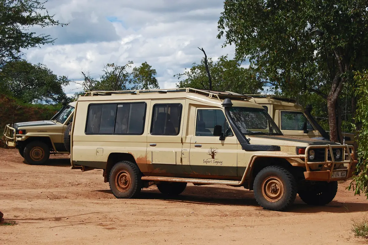Zwei Safarifahrzeuge parken unter Bäumen im Tarangire-Nationalpark